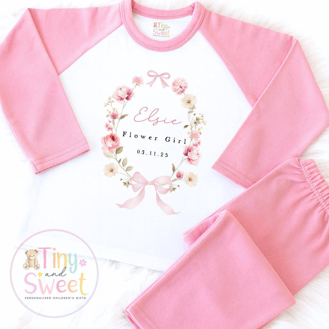 Flower Girl Personalised Pyjamas, Flower Girl Gift, White and pink Flower girl pjs, Personalised flower girl pjs, Kids Wedding Pyjamas
