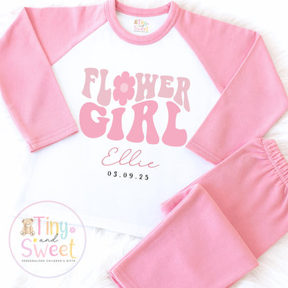Flower Girl Retro Personalised Pyjamas, Flower Girl Gift, White and pink Flower girl pjs, Personalised flower girl pjs, Kids