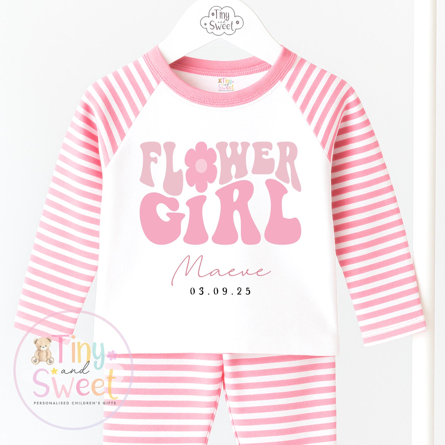 Flower Girl Retro Personalised Pyjamas, Flower Girl Gift, White and pink Flower girl pjs, Personalised flower girl pjs, Kids