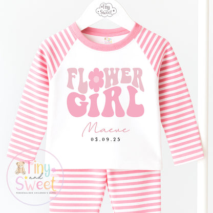 Flower Girl Retro Personalised Pyjamas, Flower Girl Gift, White and pink Flower girl pjs, Personalised flower girl pjs, Kids
