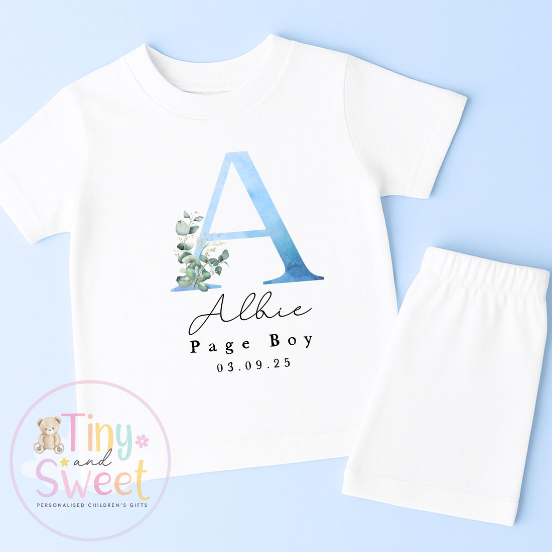 Page Boy Personalised Initial Pyjamas, Page Boy Gift, Blue and white Page boy pjs, Personalised page boy pjs, Kids
