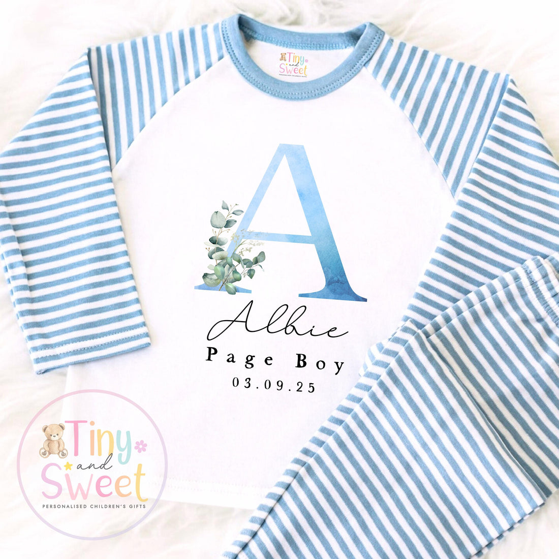 Page Boy Personalised Initial Pyjamas, Page Boy Gift, Blue and white Page boy pjs, Personalised page boy pjs, Kids