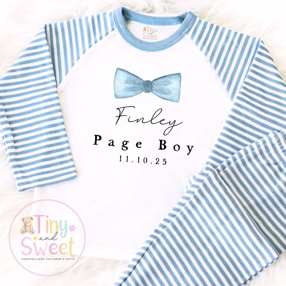Page Boy Personalised Initial Pyjamas, Page Boy Gift, Blue and white Page boy pjs, Personalised page boy pjs, Kids