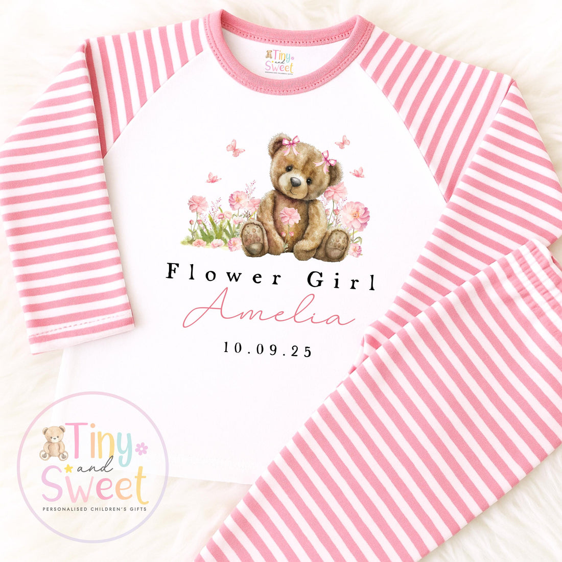 Flower Girl Personalised Pyjamas, Flower Girl Gift, White and pink Flower girl pjs, Personalised flower girl pjs, Kids Wedding Pyjamas
