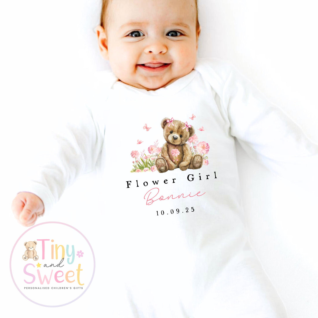 Flower Girl Teddy Bear Sleepsuit, Baby Flower Girl Babygrow, Flower Girl Pyjamas, Will you be my flower girl, Flower Girl Gift