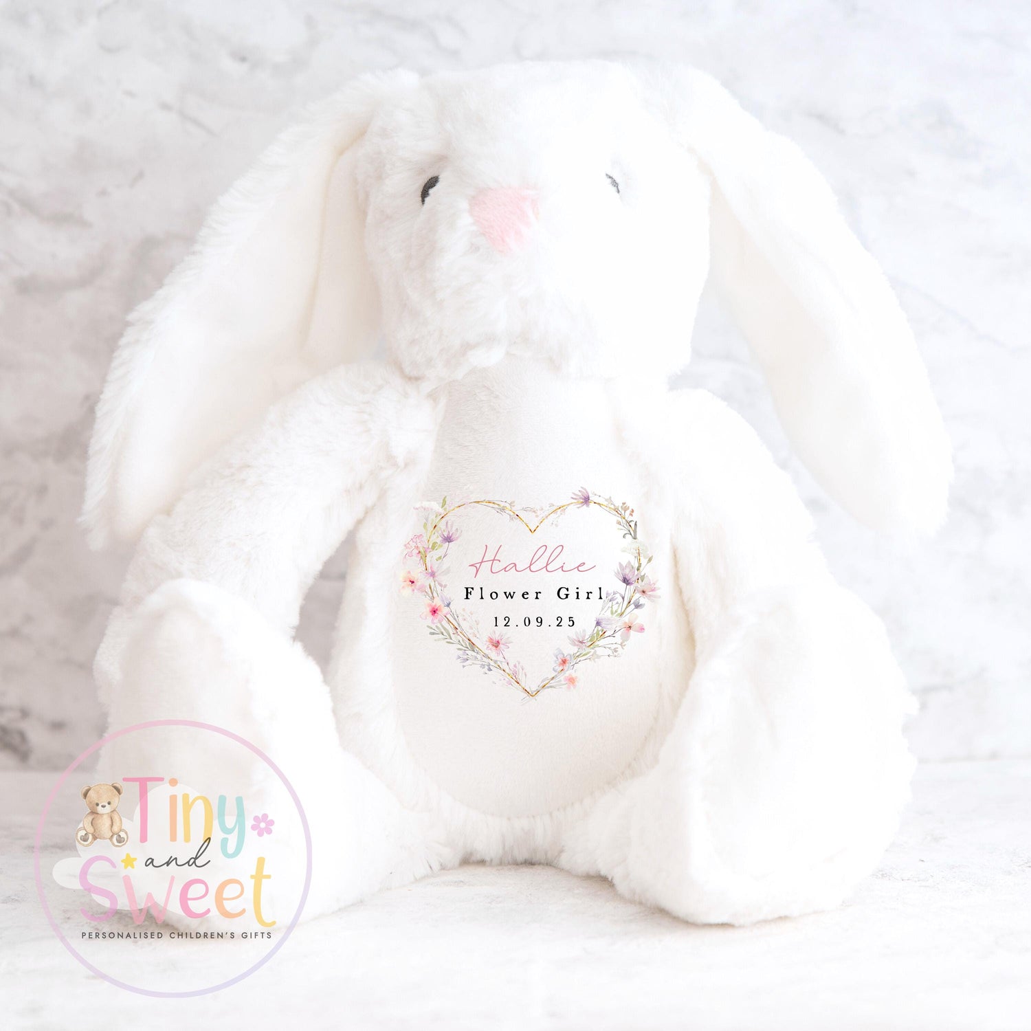 Heart Floral Wreath Personalised Flower Girl Soft Toy Bunny