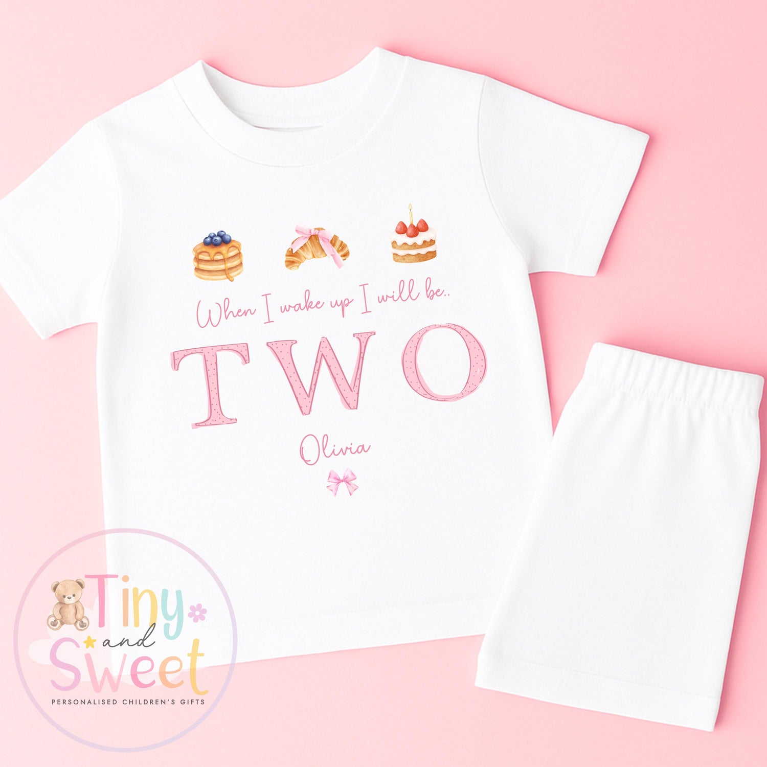 Pink Bakery Birthday PJs, Patisserie When I Wake Up I’ll Be..., Pink Pancakes Toddler Pyjamas, Girls Birthday Pyjamas, Pink Croissant Design