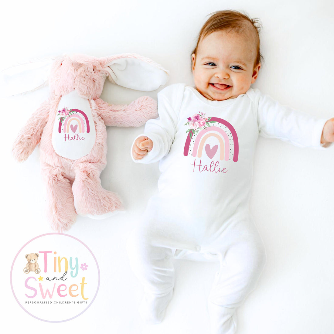 Personalised Gifts for New Baby Girl, Baby Girl Gift Set, Personalised Floral Rainbow babygrow, Bunny Soft Toy, Newborn girl Present