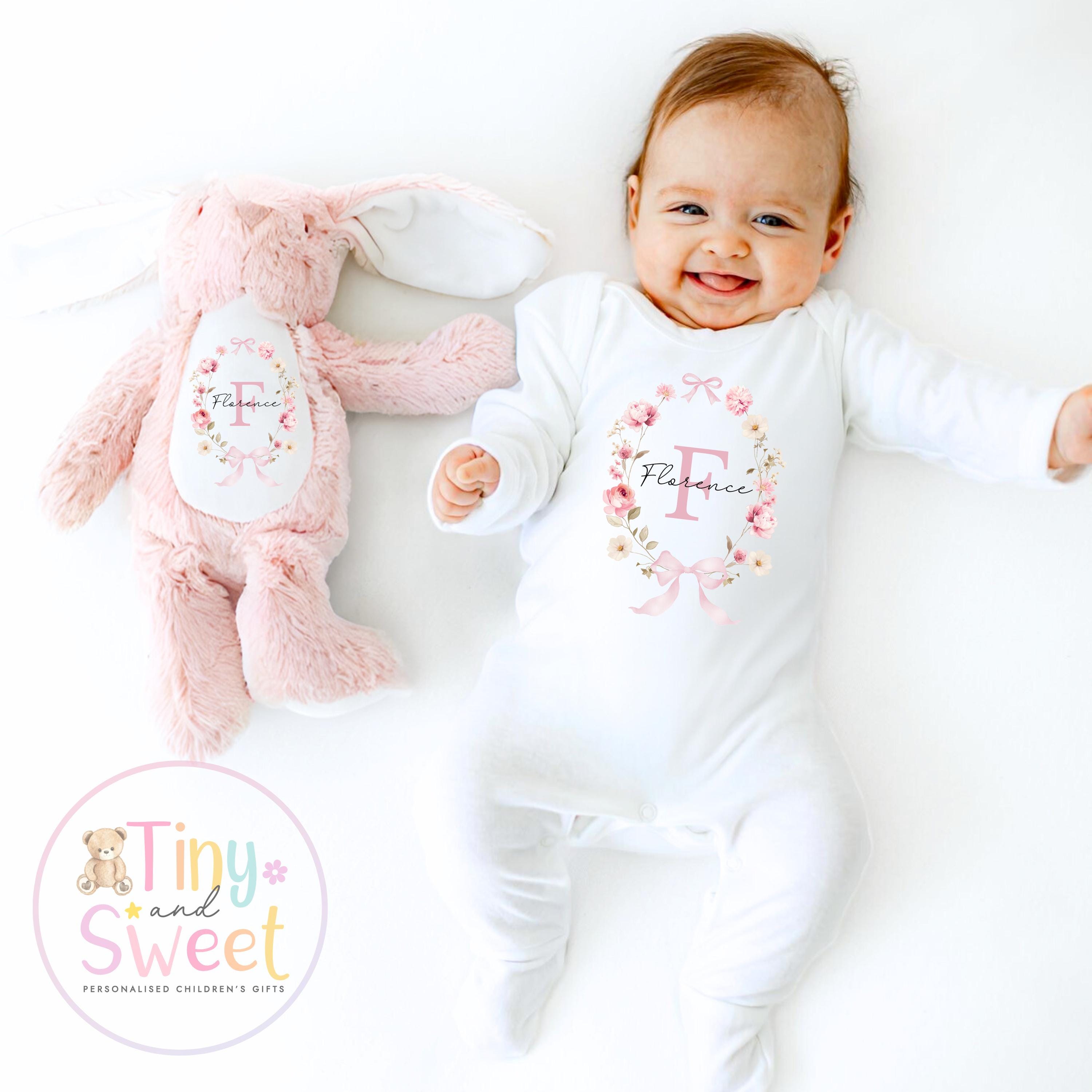 Personalised Gifts for New Baby Girl, Baby Girl Gift Set, Personalised Floral Rainbow babygrow, Bunny Soft Toy, Newborn girl Present