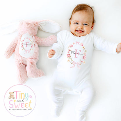 Personalised Gifts for New Baby Girl, Baby Girl Gift Set, Personalised Floral Rainbow babygrow, Bunny Soft Toy, Newborn girl Present
