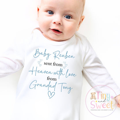 Personalised Sent From Heaven Baby Grow Vest, Sent with Love From Grandma, Sent from Grandad, Custom Baby Announcement, Gift from Heaven