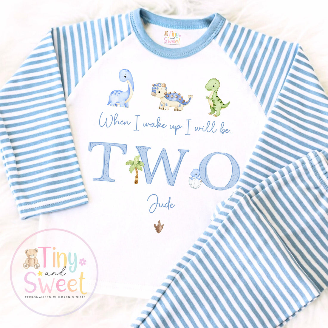 Personalised Blue Dinosaur Pyjamas, Blue Birthday Dino Pyjamas, When i wake up i&