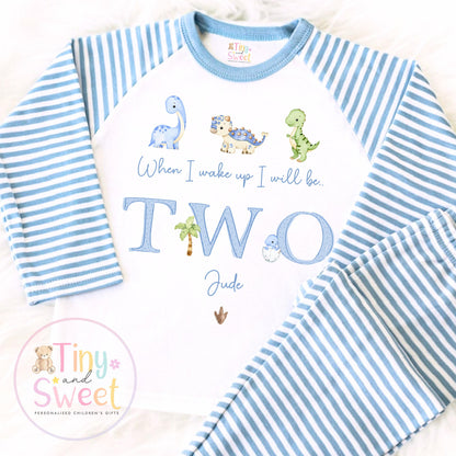 Personalised Blue Dinosaur Pyjamas, Blue Birthday Dino Pyjamas, When i wake up i&