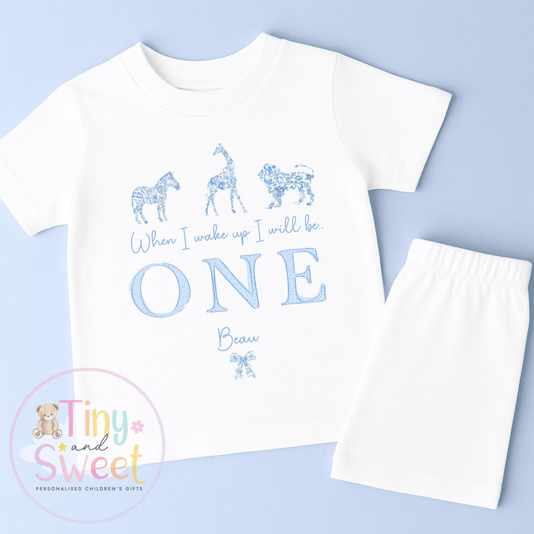 Personalised Safari Toile Pyjamas, Blue Toile Animals Pyjamas, When i wake up i&