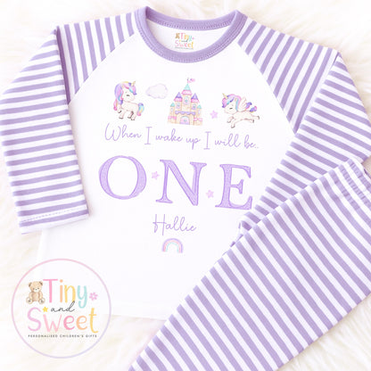 Personalised Unicorn Birthday PJs - Lilac Cotton Girls Pyjamas (UK Only)