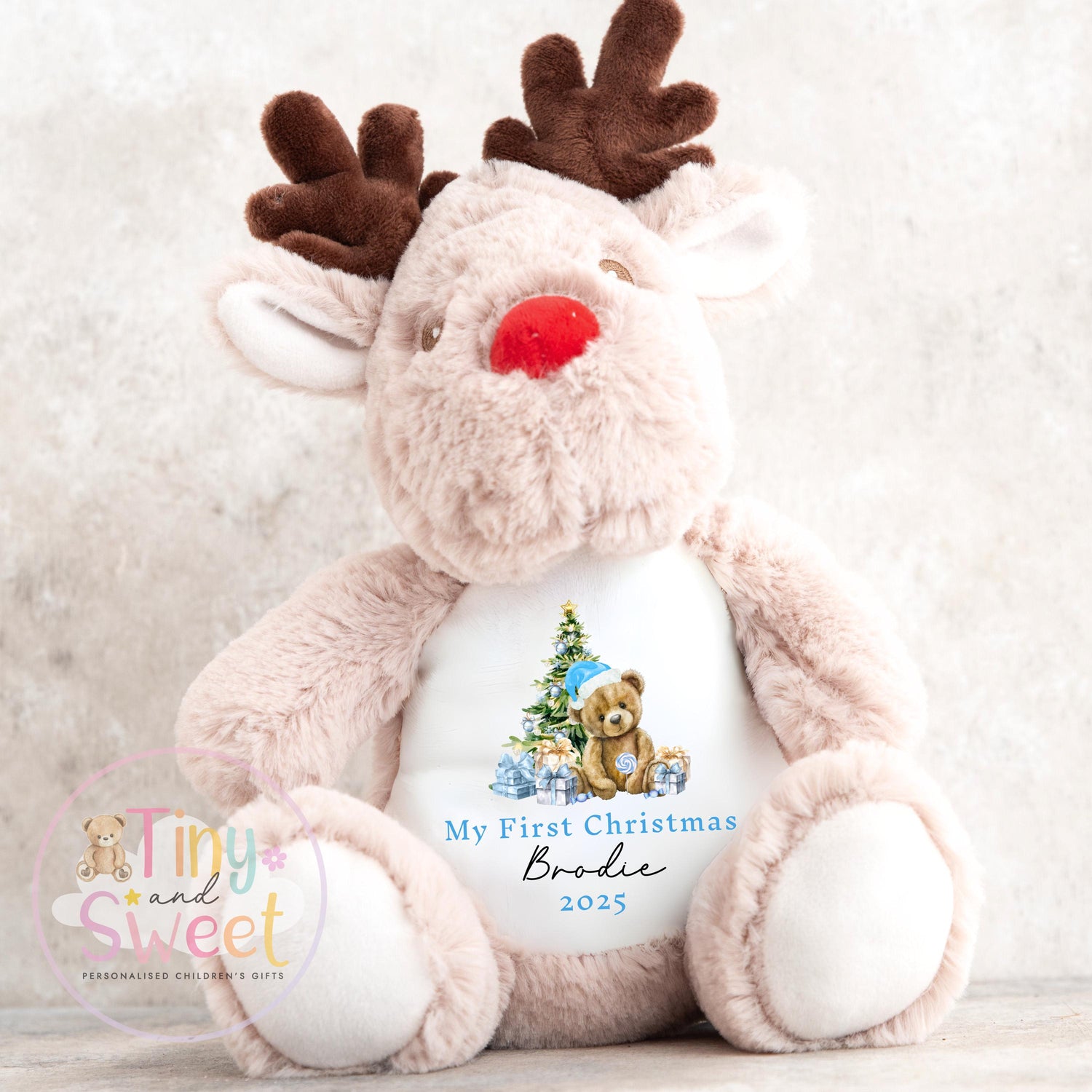 My First Christmas Reindeer, Personalised Reindeer Soft Toy, Baby’s First Christmas Soft Toy Gift, My First Christmas Keepsake Gift