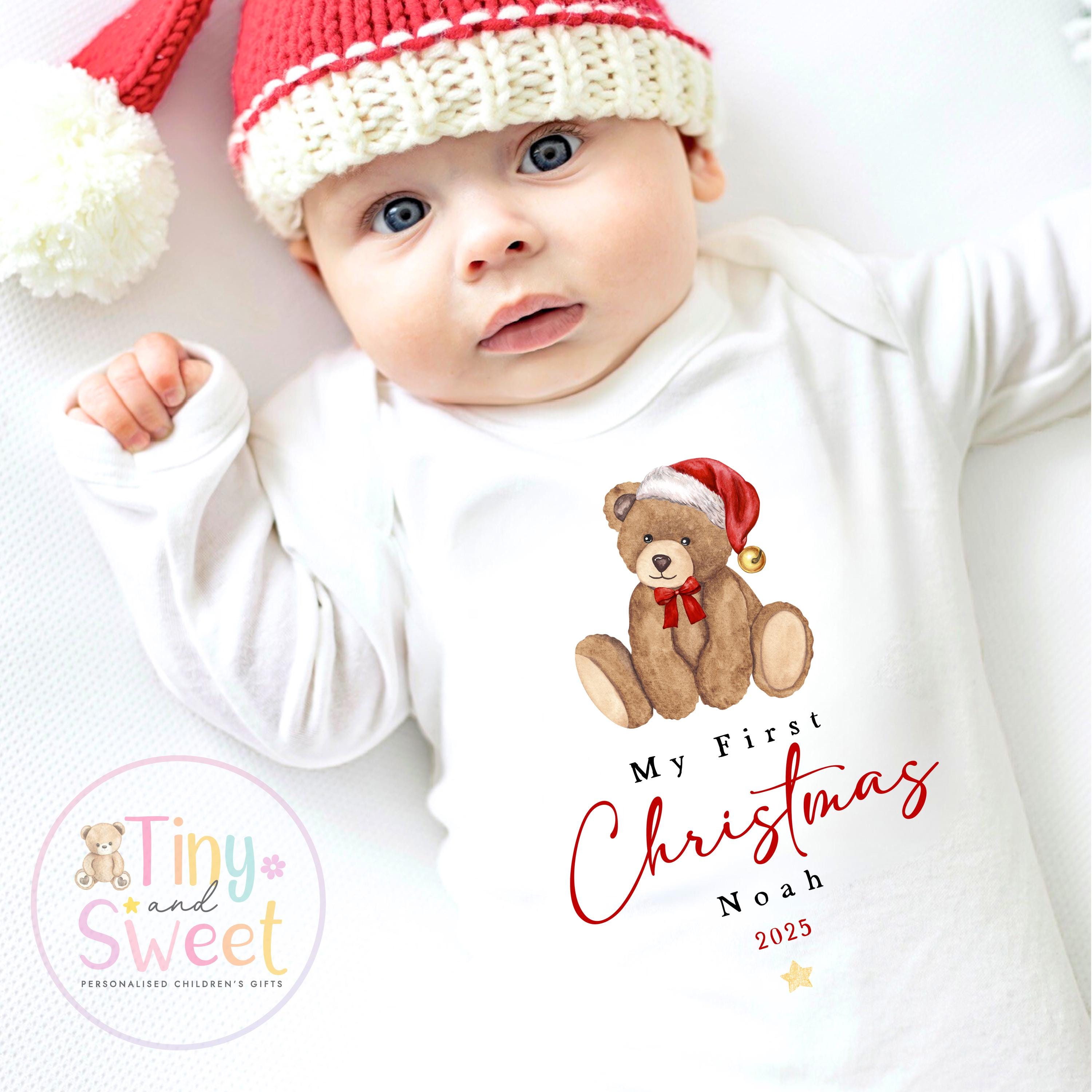 My First Christmas Teddy Bear Sleepsuit: Personalised Babies 1st Christmas Outfit