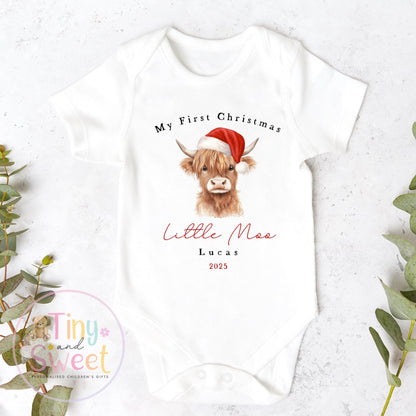 My First Christmas Highland Cow Sleepsuit: Personalised Babies 1st Christmas Outfit