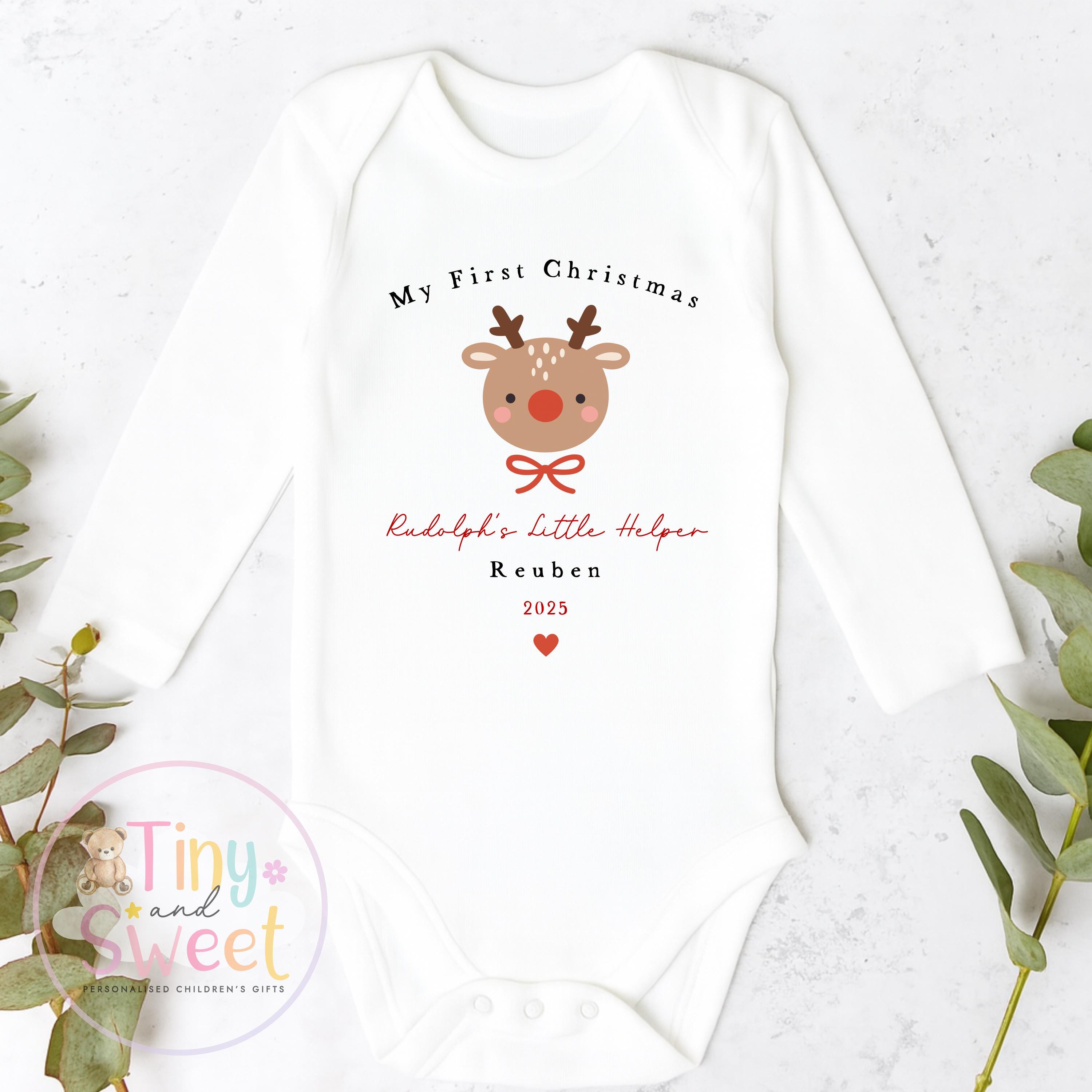 My First Christmas Cute Reindeer Sleepsuit: Personalised Babies 1st Christmas Outfit