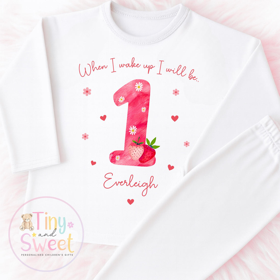 Strawberry Birthday Pyjamas, When I Wake Up I’ll Be, Strawberry PJs – When I Wake Up I’ll Be 1, 2, 3, Personalised Berry Birthday Pyjamas