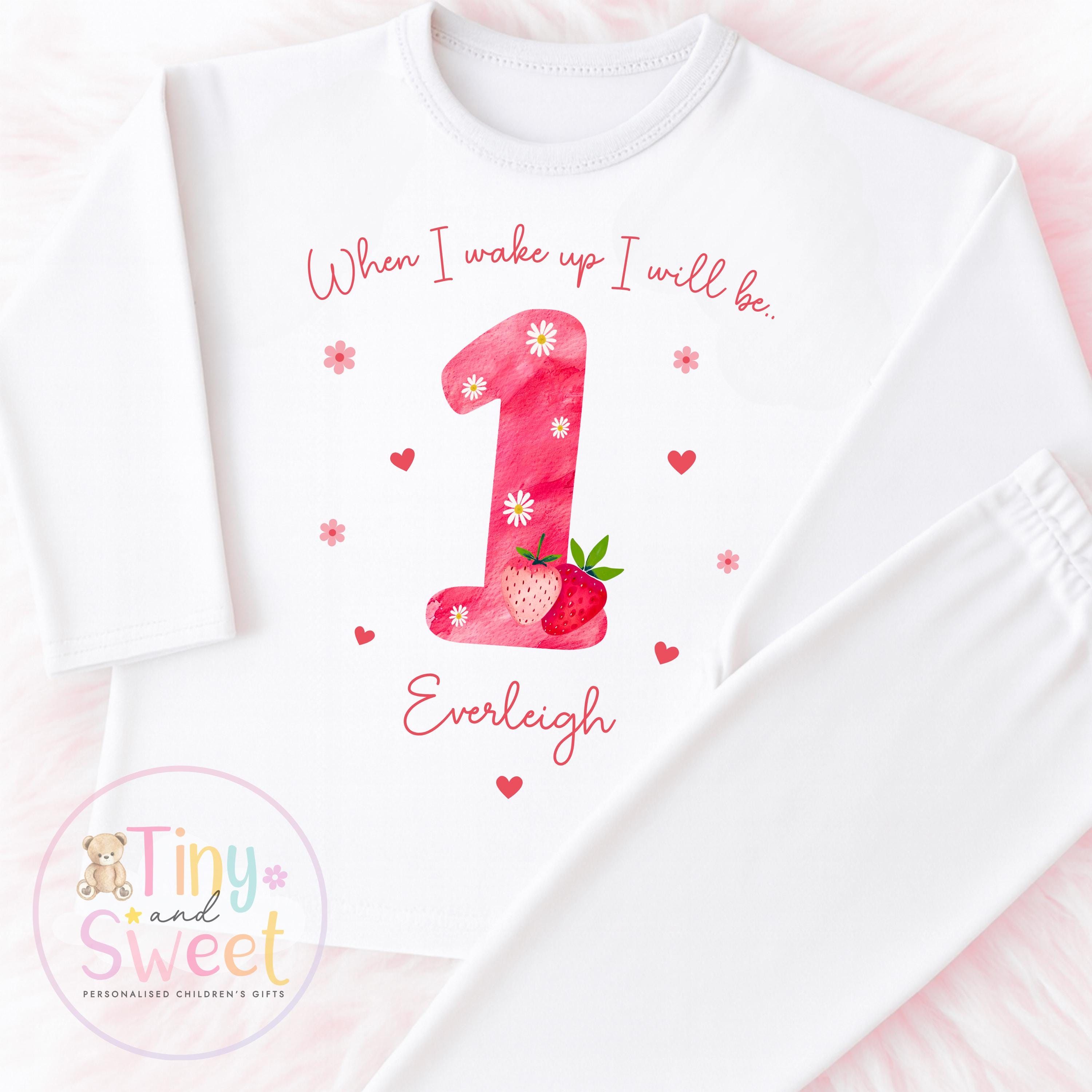 Strawberry Birthday Pyjamas, When I Wake Up I’ll Be, Strawberry PJs – When I Wake Up I’ll Be 1, 2, 3, Personalised Berry Birthday Pyjamas