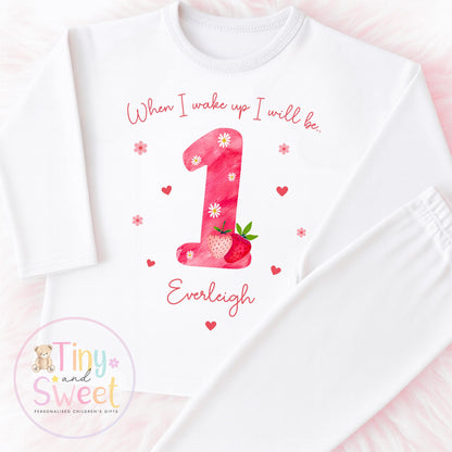 Strawberry Birthday Pyjamas, When I Wake Up I’ll Be, Strawberry PJs – When I Wake Up I’ll Be 1, 2, 3, Personalised Berry Birthday Pyjamas