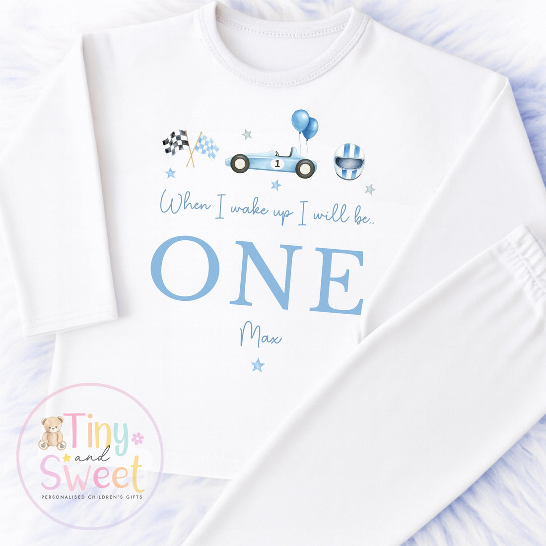Personalised Racing Car Pyjamas, Blue Birthday Racing Pyjamas, When i wake up i&