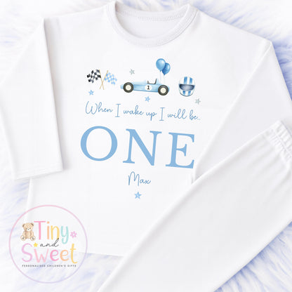 Personalised Racing Car Pyjamas, Blue Birthday Racing Pyjamas, When i wake up i&