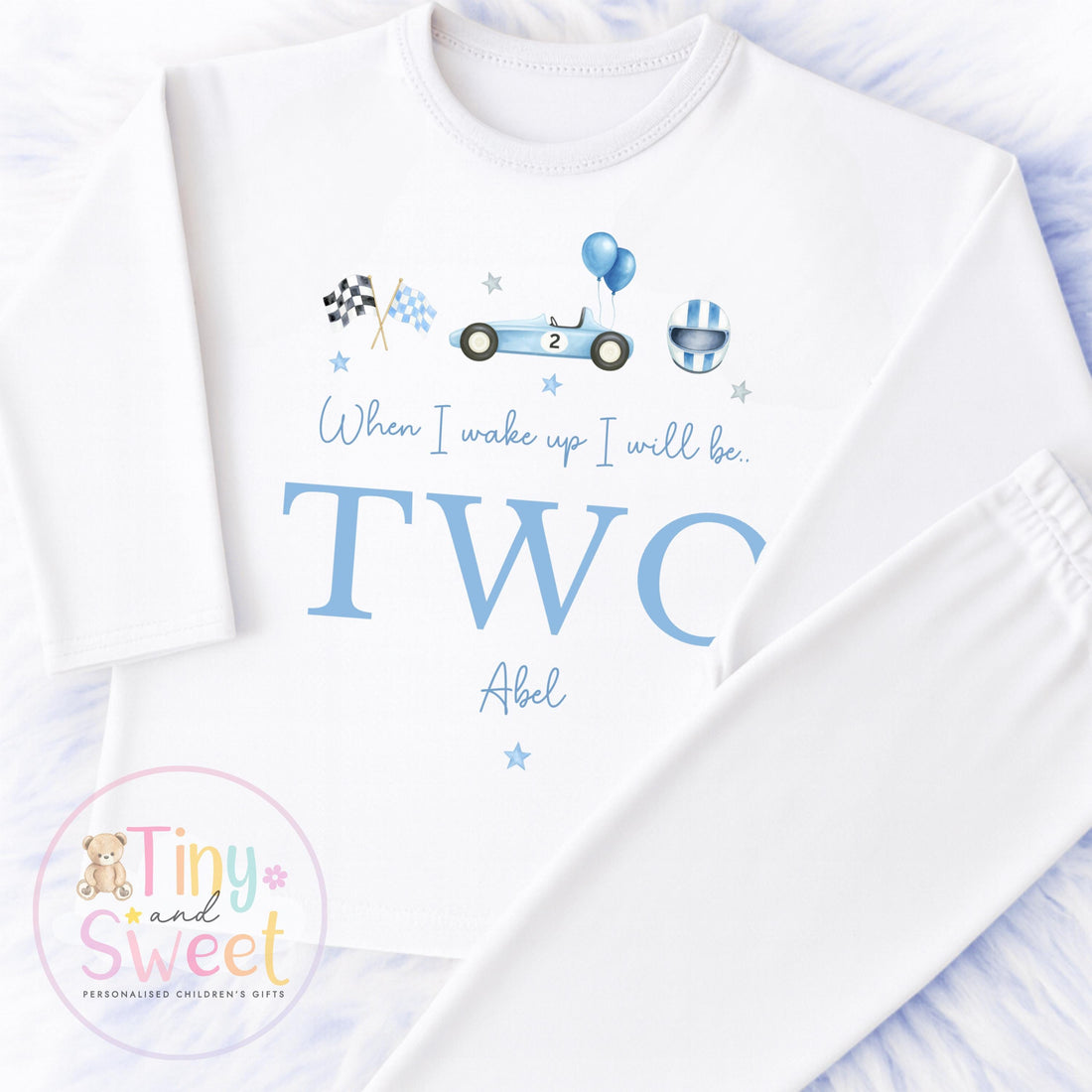 Personalised Racing Car Pyjamas, Blue Birthday Racing Pyjamas, When i wake up i&