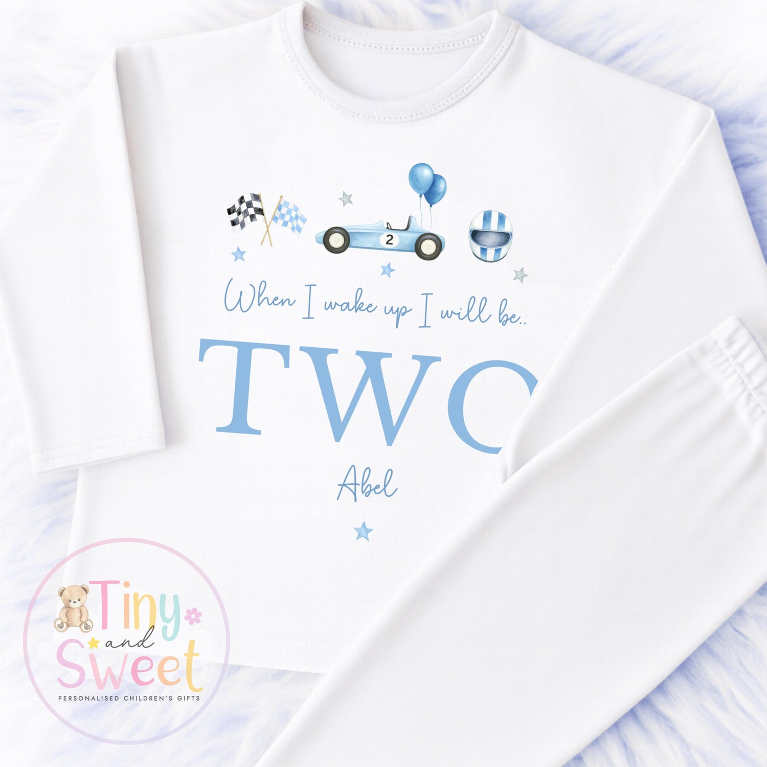 Personalised Racing Car Pyjamas, Blue Birthday Racing Pyjamas, When i wake up i&