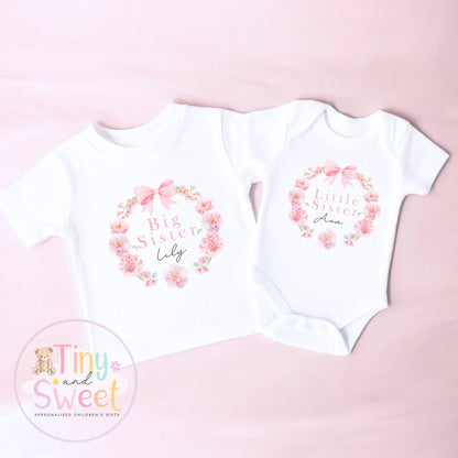 Big Sister &amp; Little Sister Matching Outfits, Big Sister Reveal outfit, Announcement Gift for Siblings and Family, Pink Flower Sister Tee