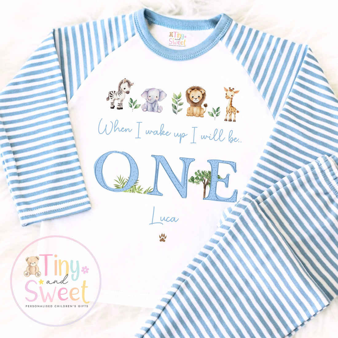 Personalised Safari Birthday Pyjamas: Blue Wild One Outfit