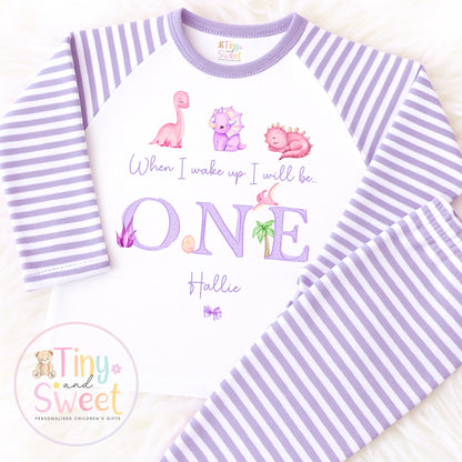 Personalised Girl Dinosaur Birthday Pyjamas: Lilac Watercolour Cotton