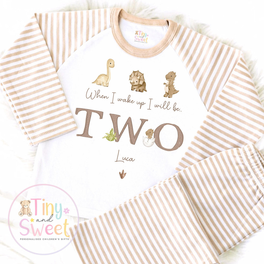 Personalised Beige Dinosaur Pyjamas, Beige Birthday Dino Pyjamas, When i wake up i&