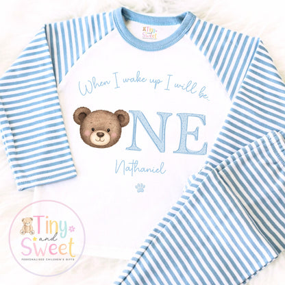Personalised Toddler Baby Pyjamas, 1st Birthday Bear Pyjamas, When i wake up i&