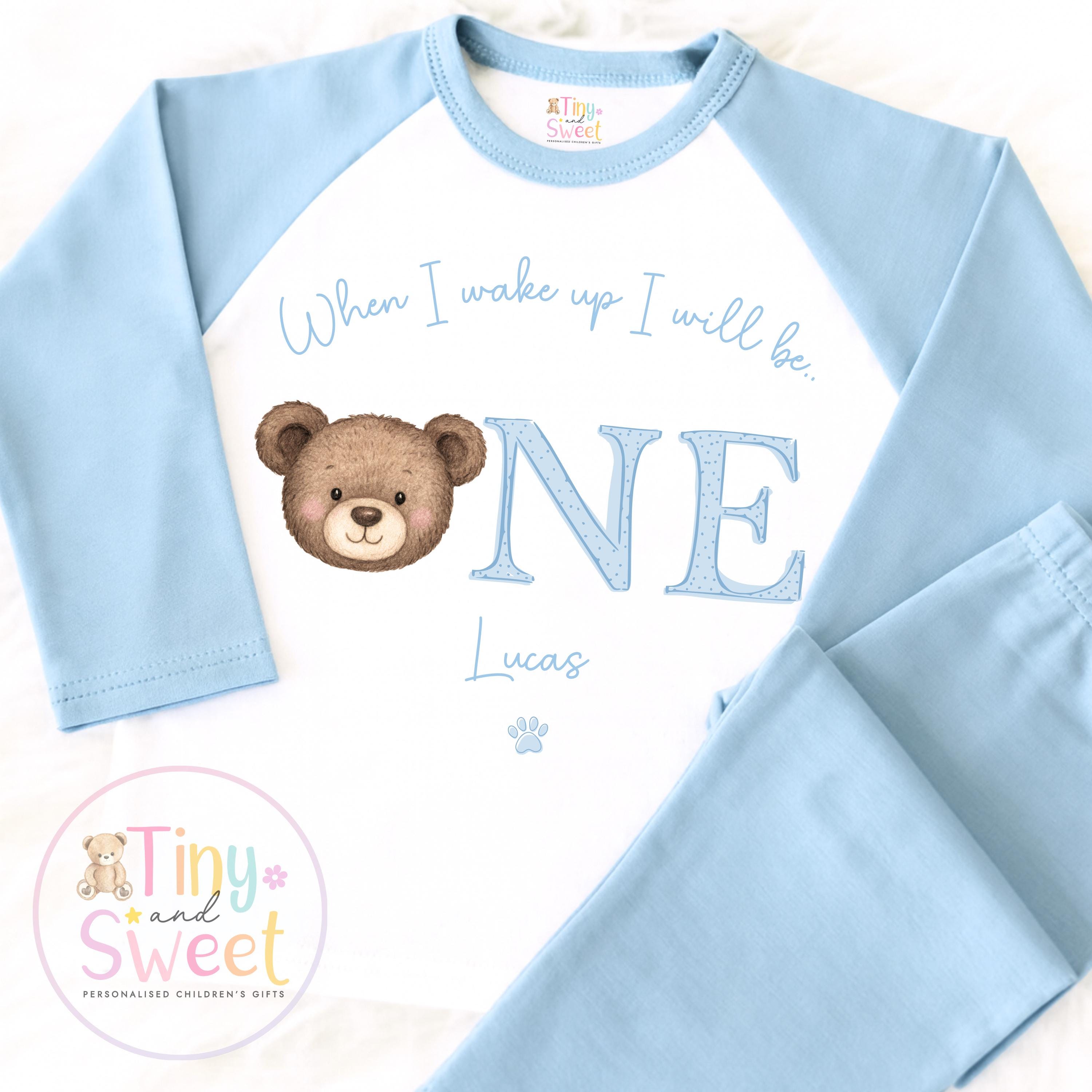 Personalised Toddler Baby Pyjamas, 1st Birthday Bear Pyjamas, When i wake up i&