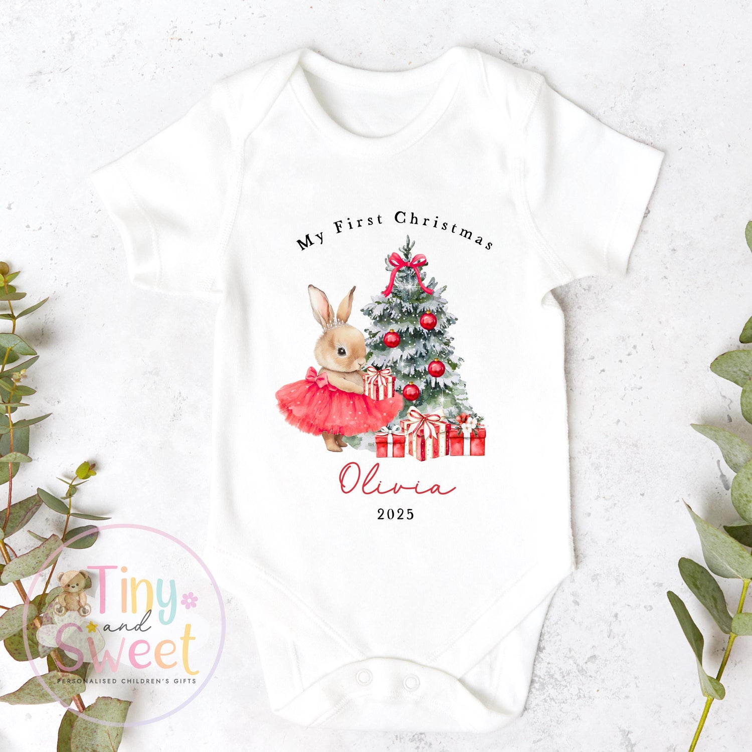Personalised Girls First Christmas Ballerina Bunny Sleepsuit, Babies 1st Xmas Gift Idea, Pyjamas, 1st Xmas Babygrow, Christmas Outfit