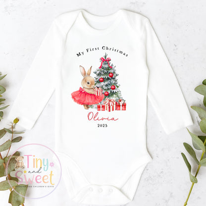 Personalised Girls First Christmas Ballerina Bunny Sleepsuit, Babies 1st Xmas Gift Idea, Pyjamas, 1st Xmas Babygrow, Christmas Outfit