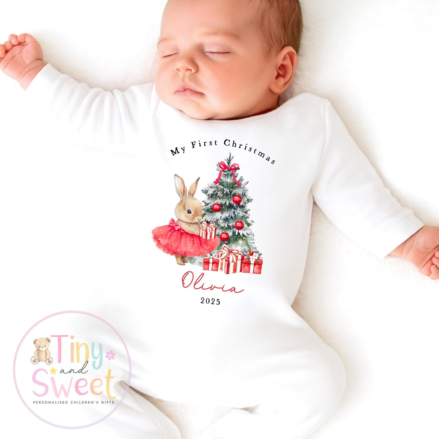 Personalised Girls First Christmas Ballerina Bunny Sleepsuit, Babies 1st Xmas Gift Idea, Pyjamas, 1st Xmas Babygrow, Christmas Outfit