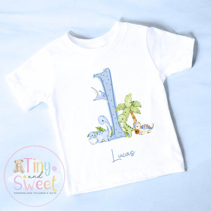 Personalised Dinosaur Blue Birthday T-shirt, 1st Birthday T Shirt, Dinosaur 2nd Birthday T Shirt, 3rd Birthday, Dinosaur Birthday