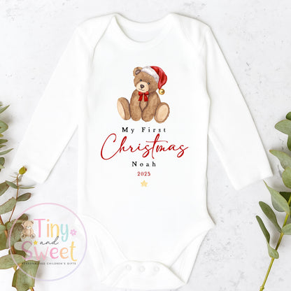 My First Christmas Teddy Bear Sleepsuit: Personalised Babies 1st Christmas Outfit
