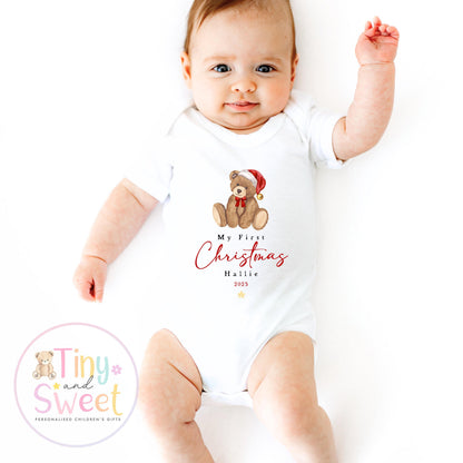 My First Christmas Teddy Bear Sleepsuit: Personalised Babies 1st Christmas Outfit