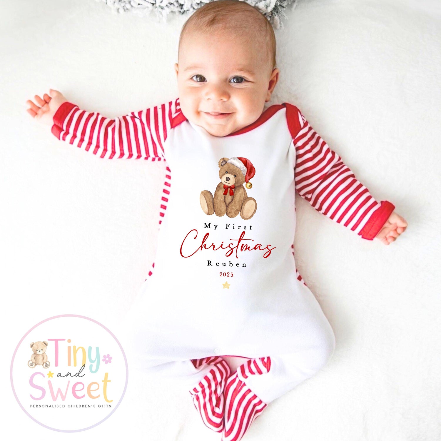 My First Christmas Teddy Bear Sleepsuit: Personalised Babies 1st Christmas Outfit