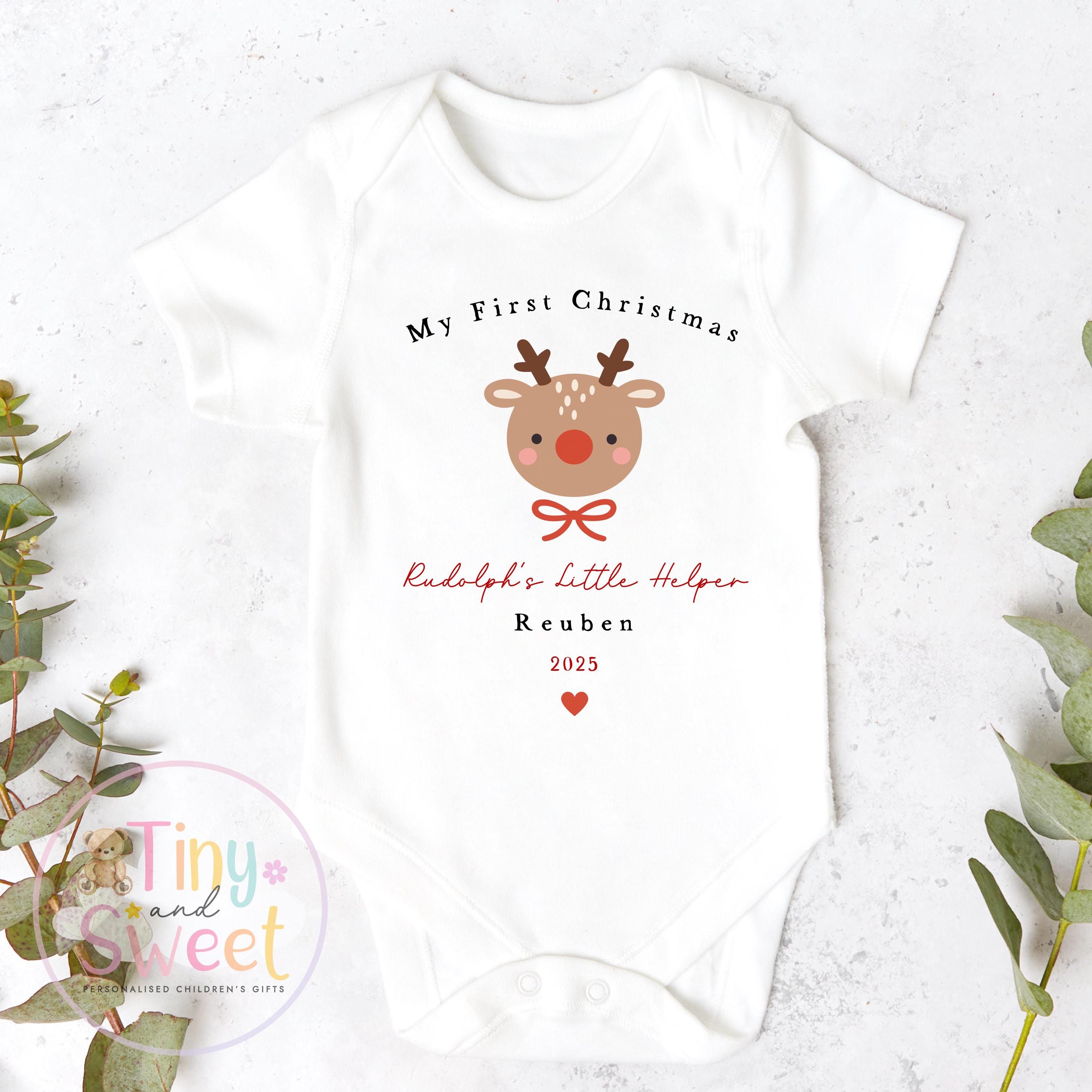 My First Christmas Cute Reindeer Sleepsuit: Personalised Babies 1st Christmas Outfit