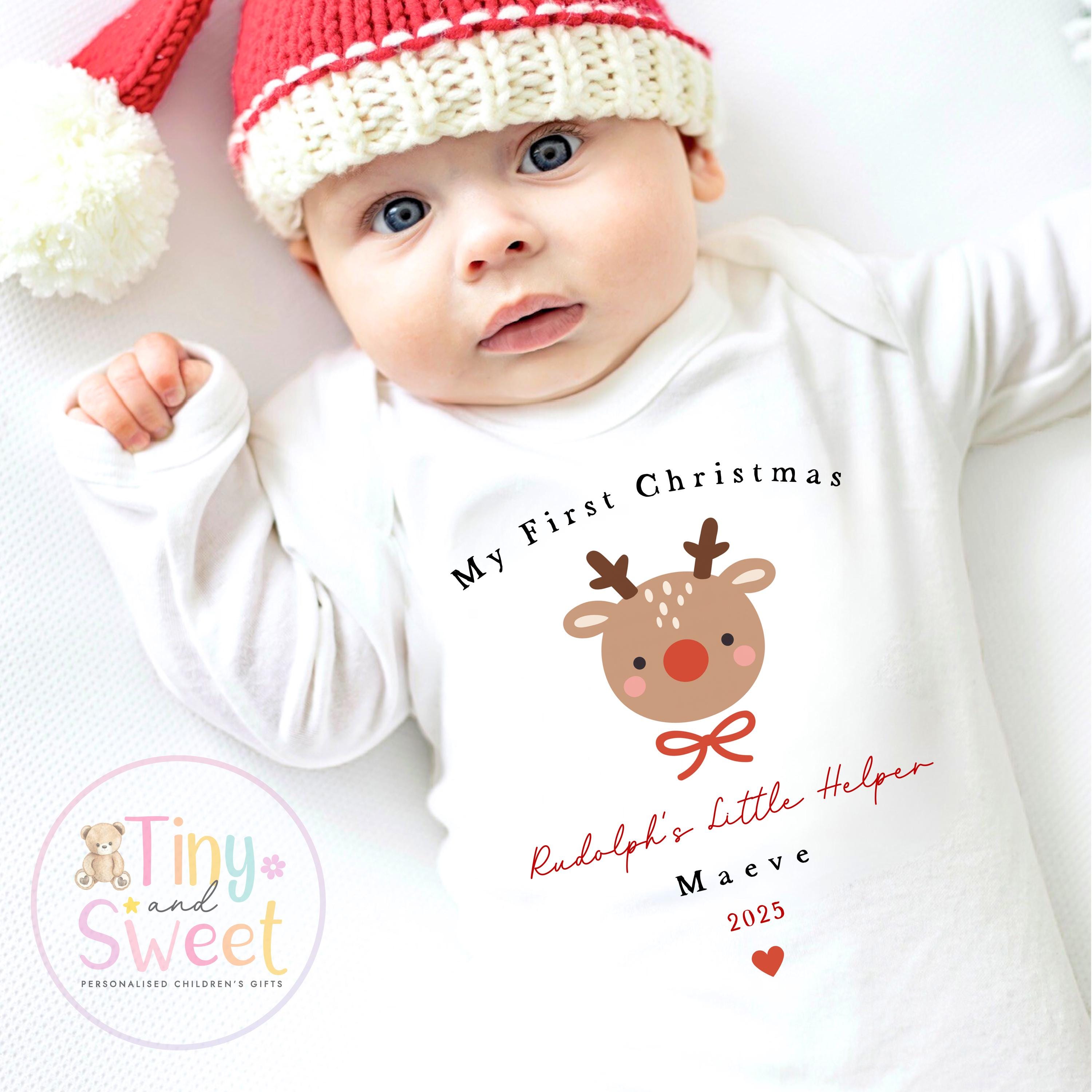 My First Christmas Cute Reindeer Sleepsuit: Personalised Babies 1st Christmas Outfit