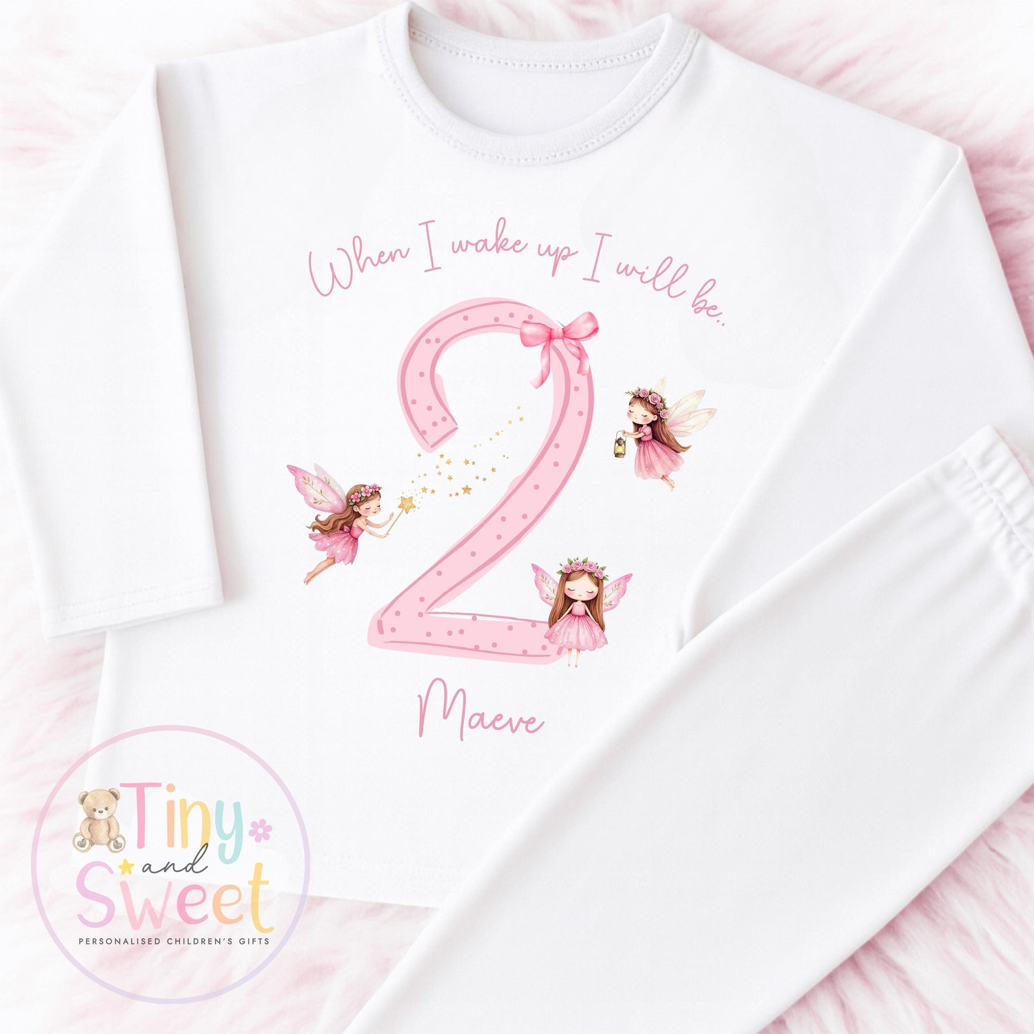 Pink Fairy Personalised Birthday Pyjamas: Plain White When I wake up I&