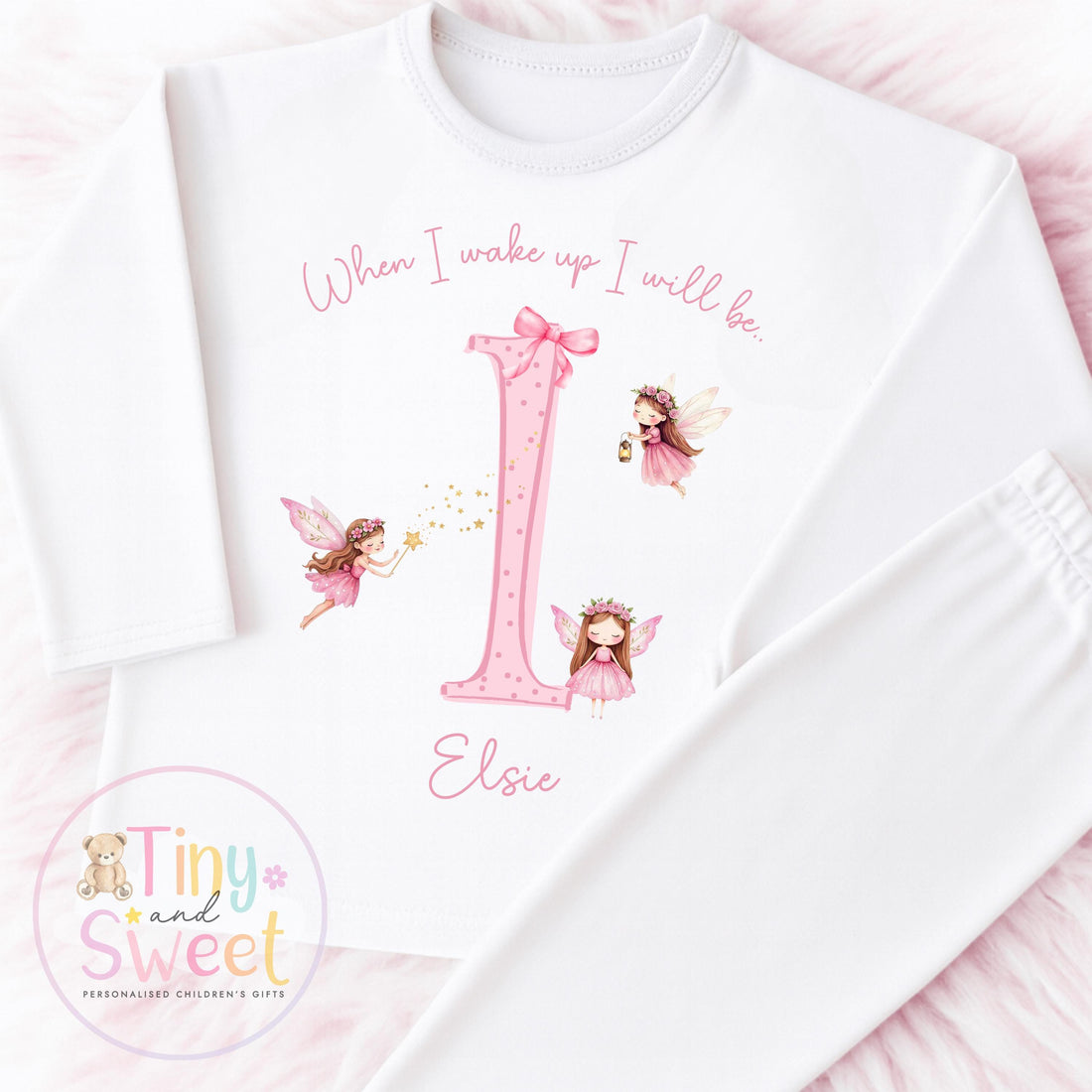 Pink Fairy Personalised Birthday Pyjamas: Plain White When I wake up I&