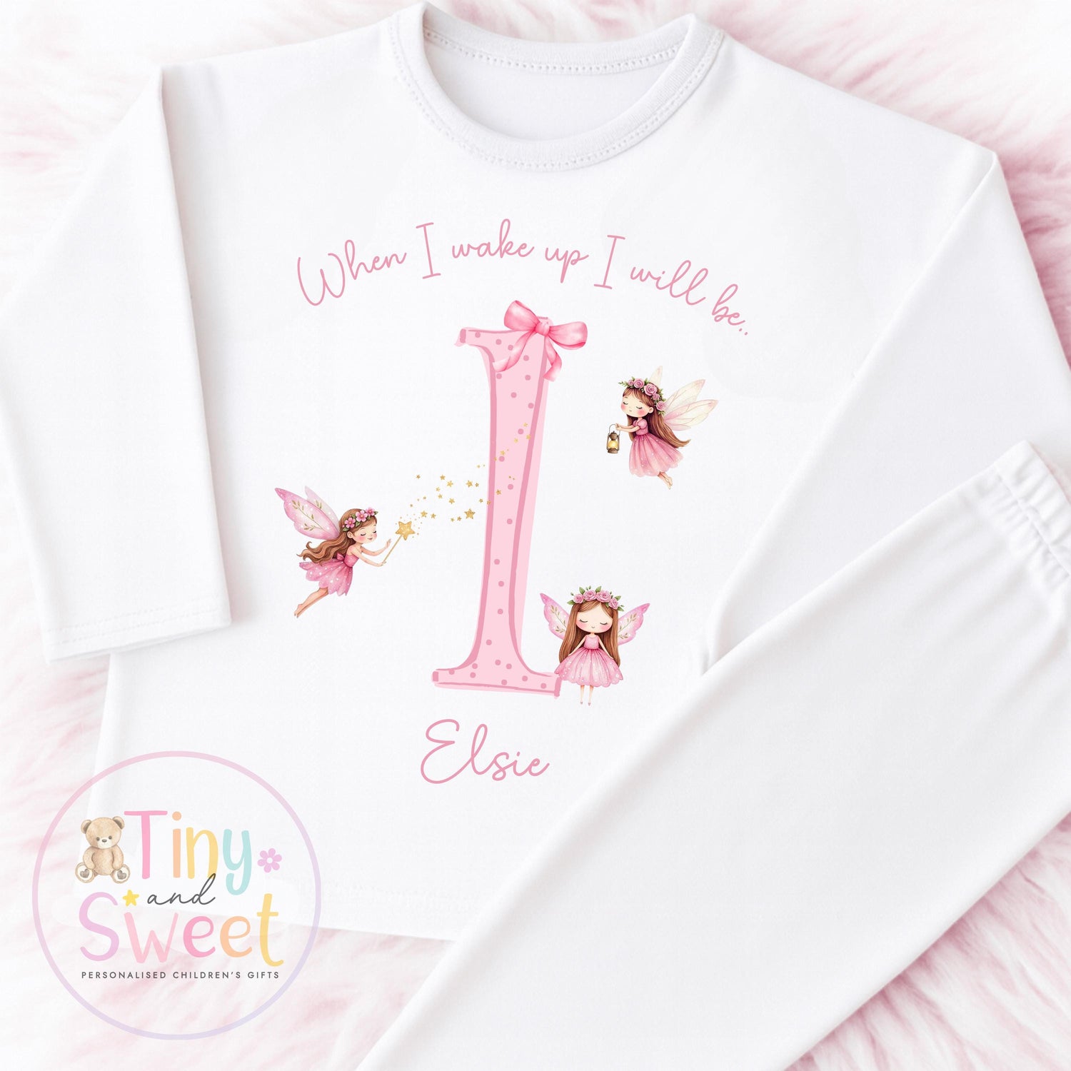 Pink Fairy Personalised Birthday Pyjamas: Plain White When I wake up I&