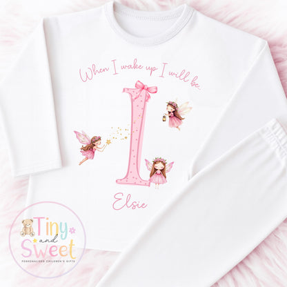 Pink Fairy Personalised Birthday Pyjamas: Plain White When I wake up I&