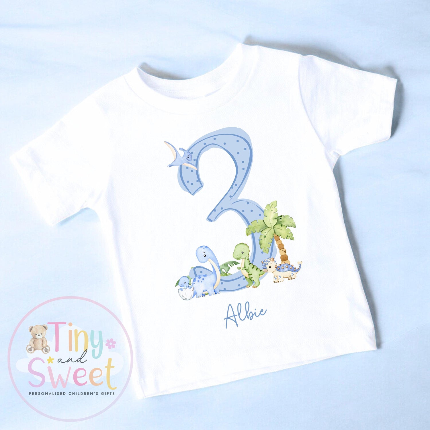 Personalised Dinosaur Blue Birthday T-shirt, 1st Birthday T Shirt, Dinosaur 2nd Birthday T Shirt, 3rd Birthday, Dinosaur Birthday